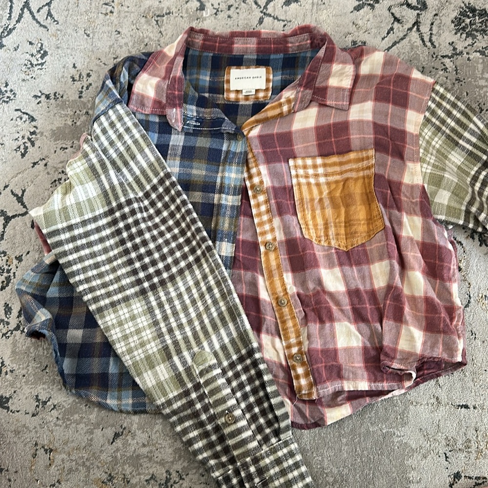 American Eagle Patchwork Plaid Cropped Shirt - image 2